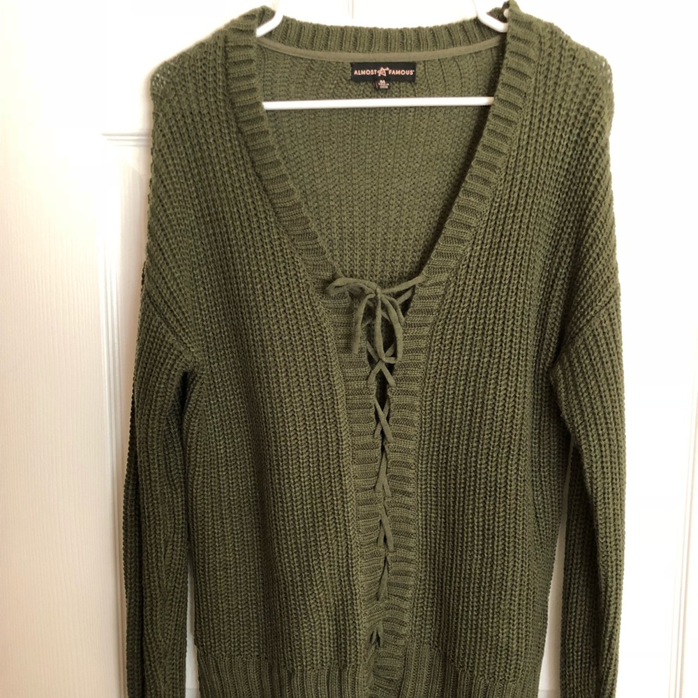 Dark Olive Green Lace-up Sweater